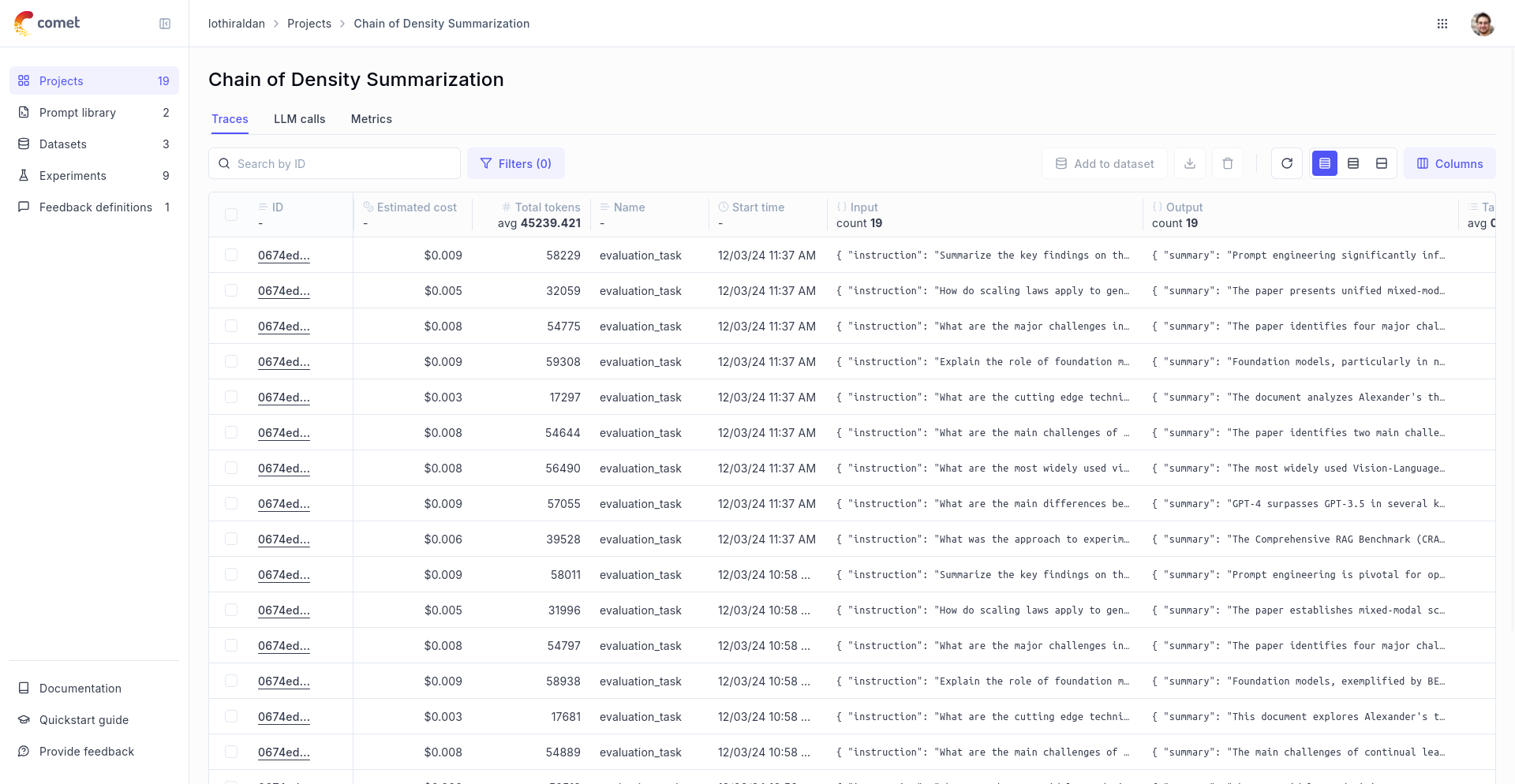 Project-wide cost overview