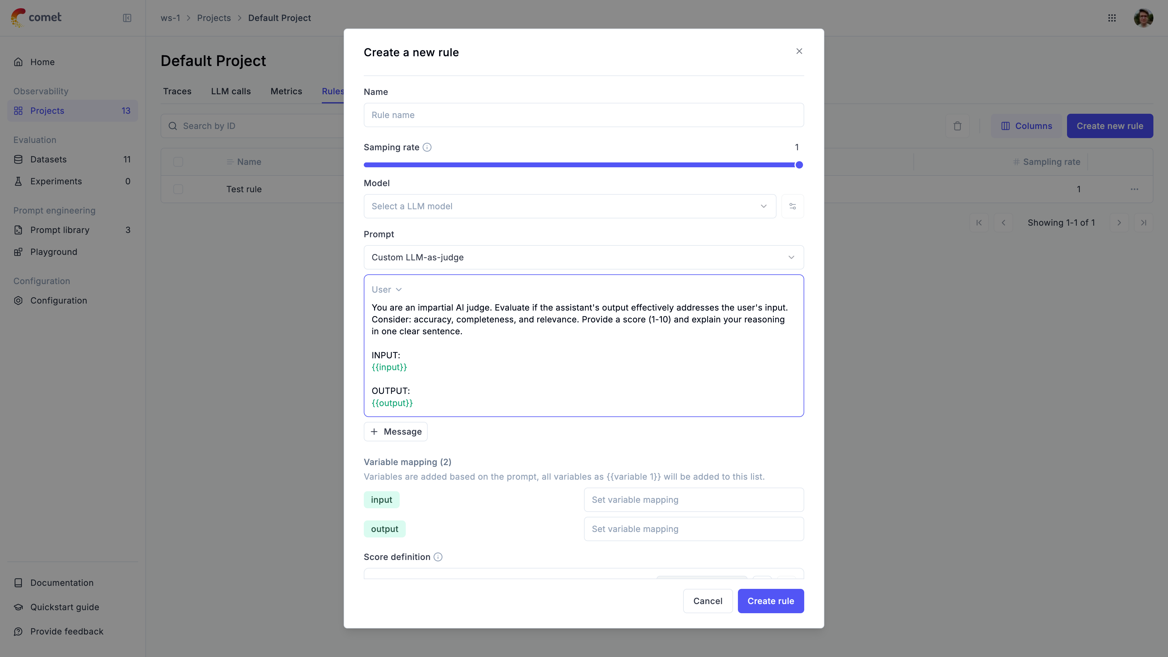 Online evaluation rule modal