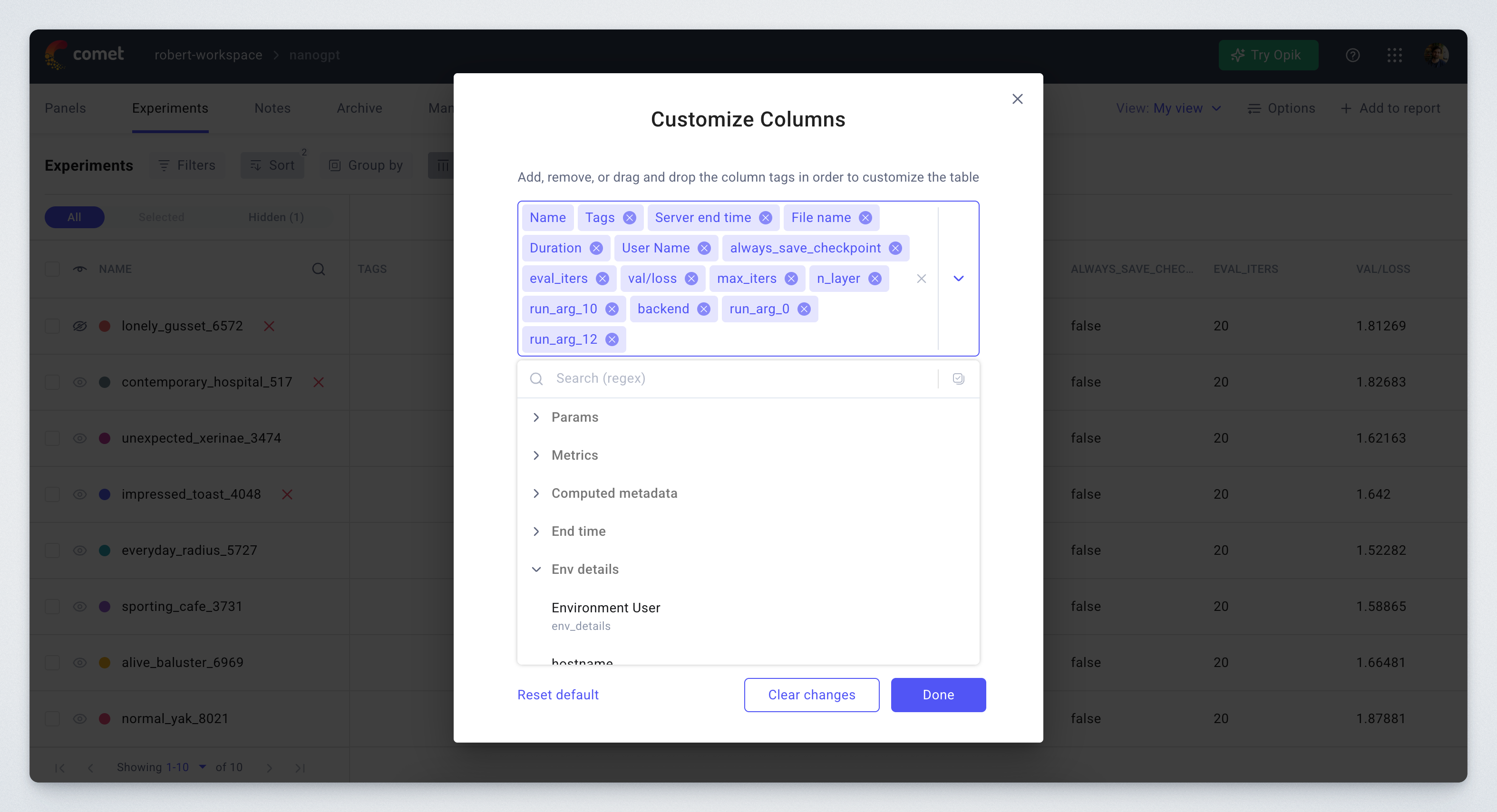 Metrics & parameter dropdowns organized in categories