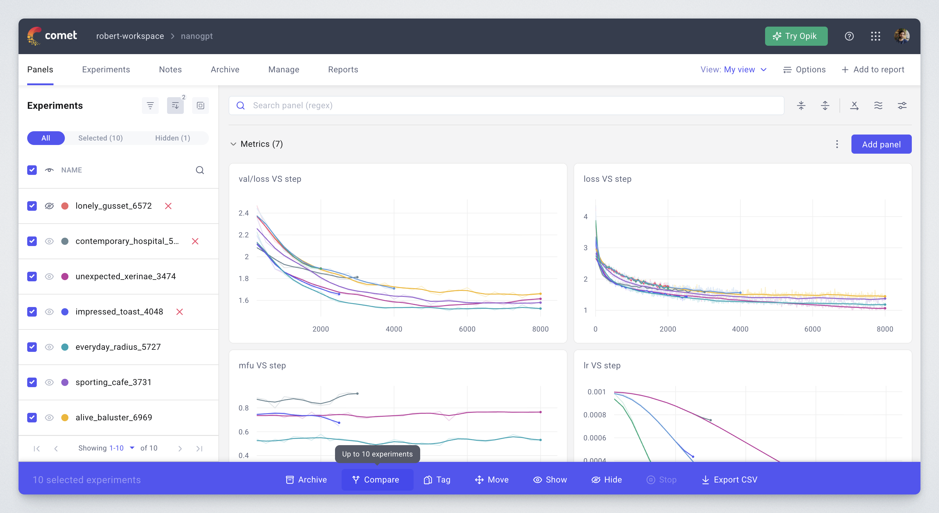Compare up to 10 experiments