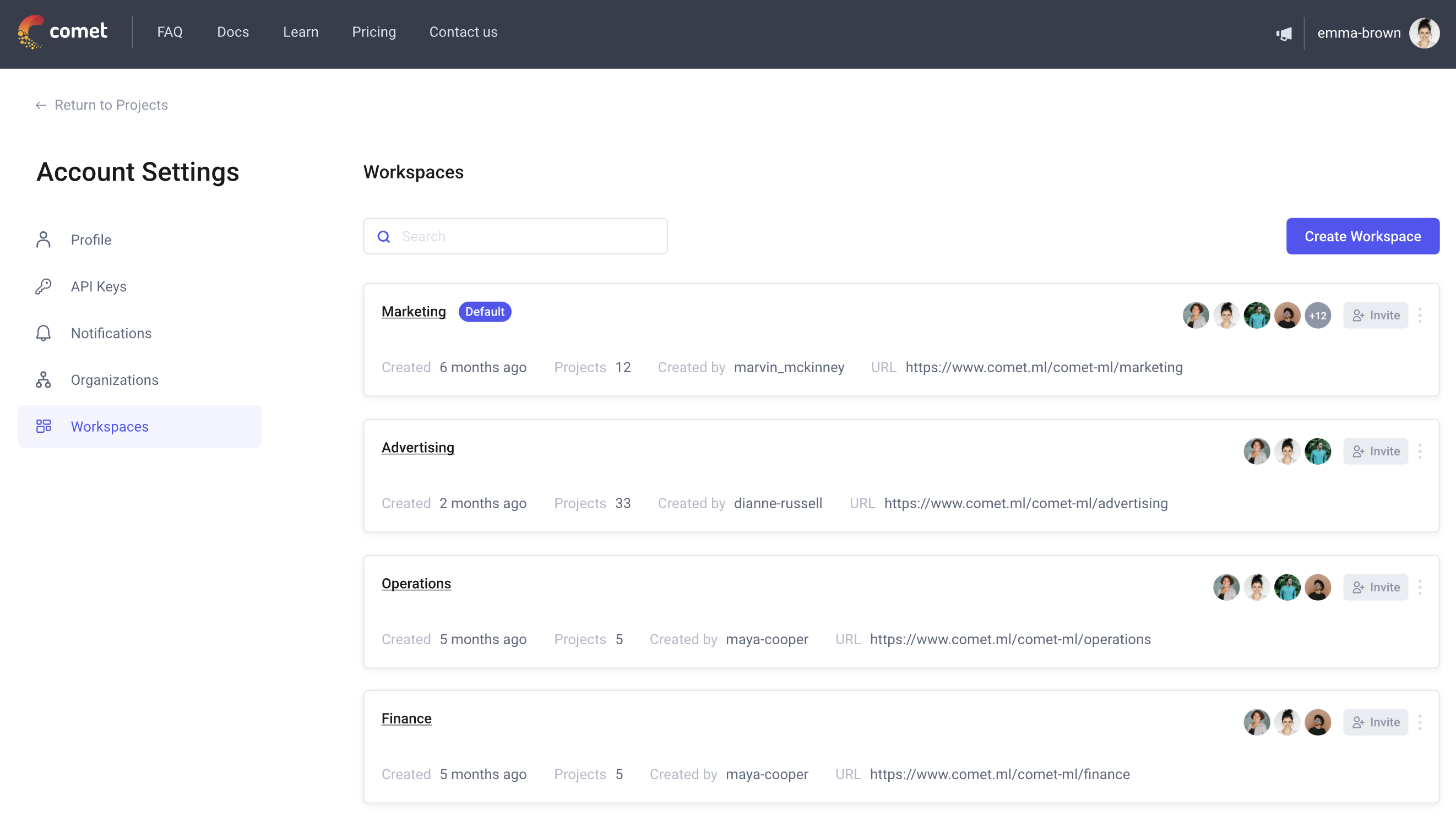 screenshot of Comet platform, showing workspaces screen in account settings