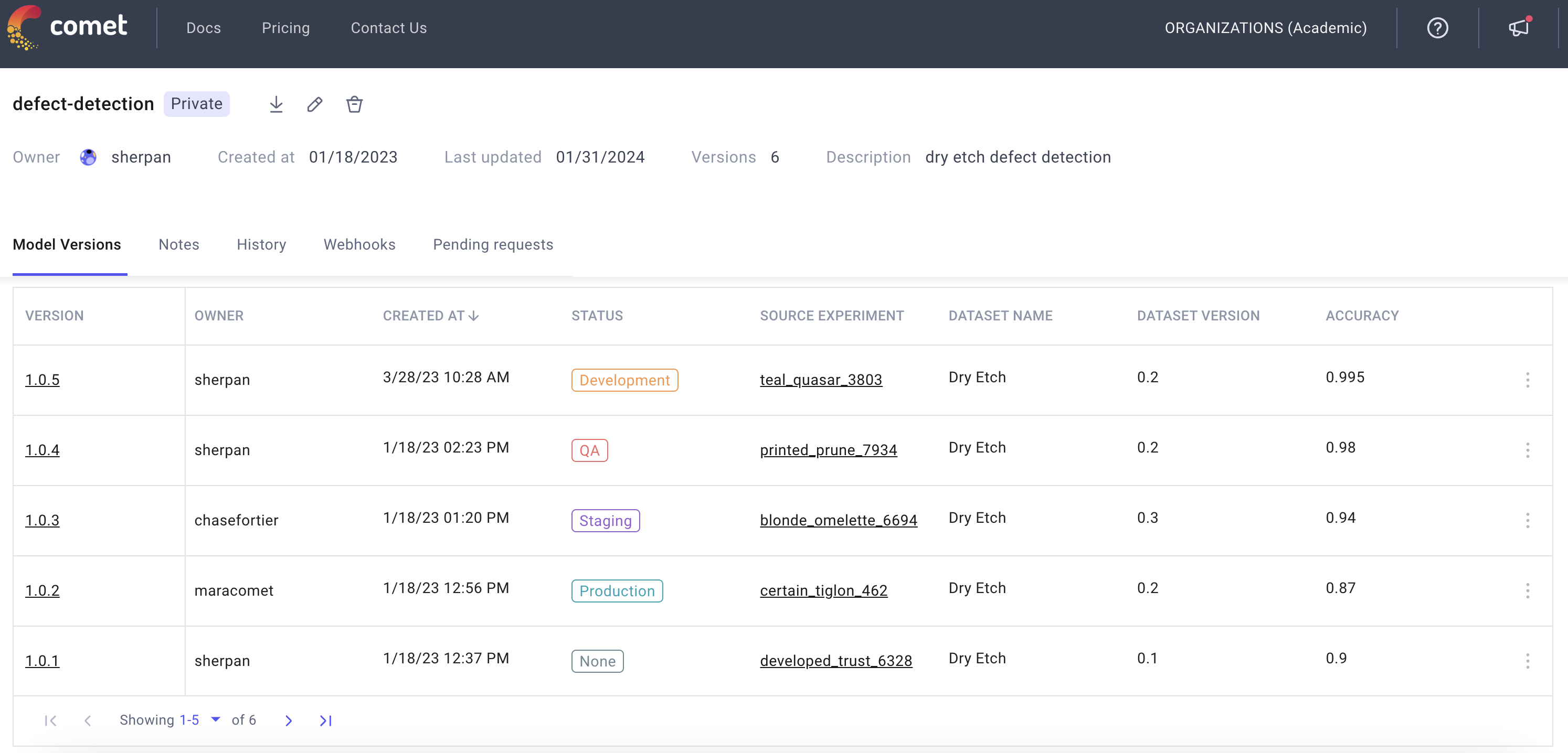 comet dashboard screenshot of defect detection