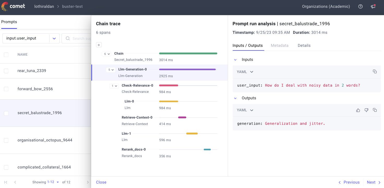 comet dashboard screenshot of prompt run analysis