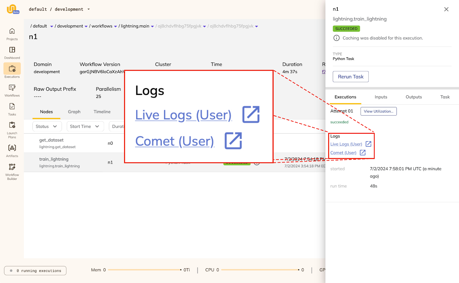 product screenshot showing a link to Comet's model training logs linked from within Flyte