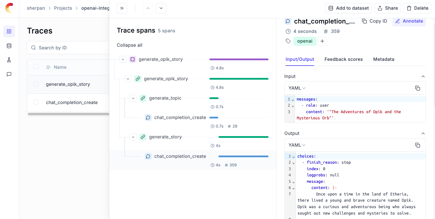 product dashboard screenshot showing multi-call logging for openai evals 